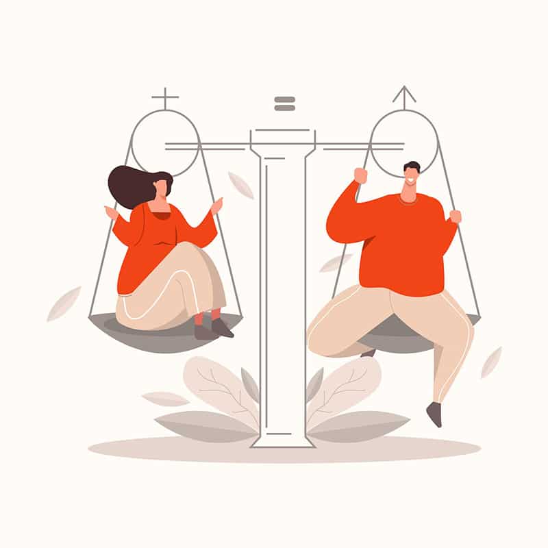 mansplaning - imagem mostrando uma balança e o peso igual de uma mulher e de um homem, simbolizando igualdade de generos
