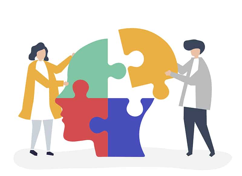 Teste de personalidade - pessoas formando um quebra cabeças juntas, em um formato de cabeça