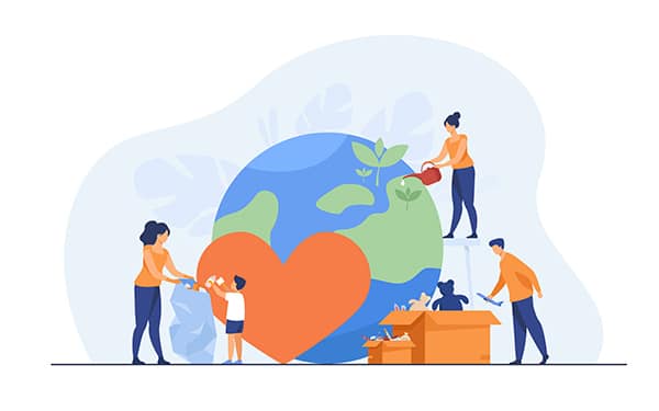 Trabalho voluntário - ilustração do mundo e de diversas pessoas fazendo atos de caridade, como ajudar com plantio de arvores, doar e brincar com crianças de abrigos infantis