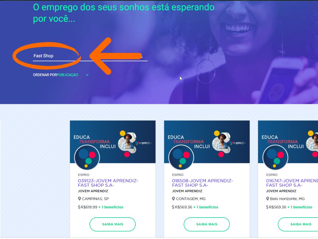 MP - Jovem Aprendiz Fast Shop: primeira imagem do tutorial de inscrição da matéria