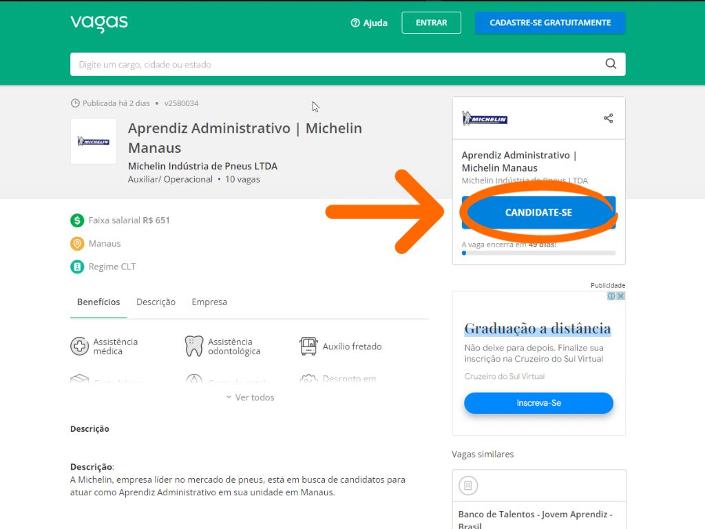 MP - Jovem Aprendiz Michelin: segunda imagem do tutorial de inscrição da matéria