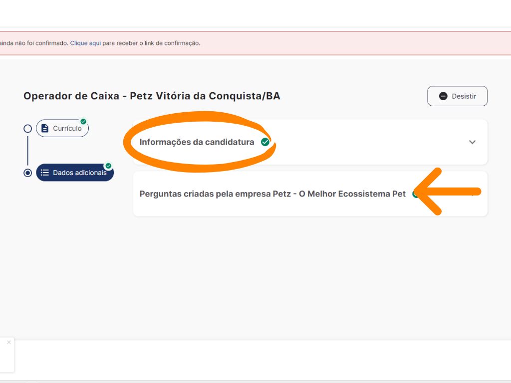 MP - Primeiro Emprego Petz Operador de Caixa corpo: Terceira imagem do tutorial de inscrição da vaga