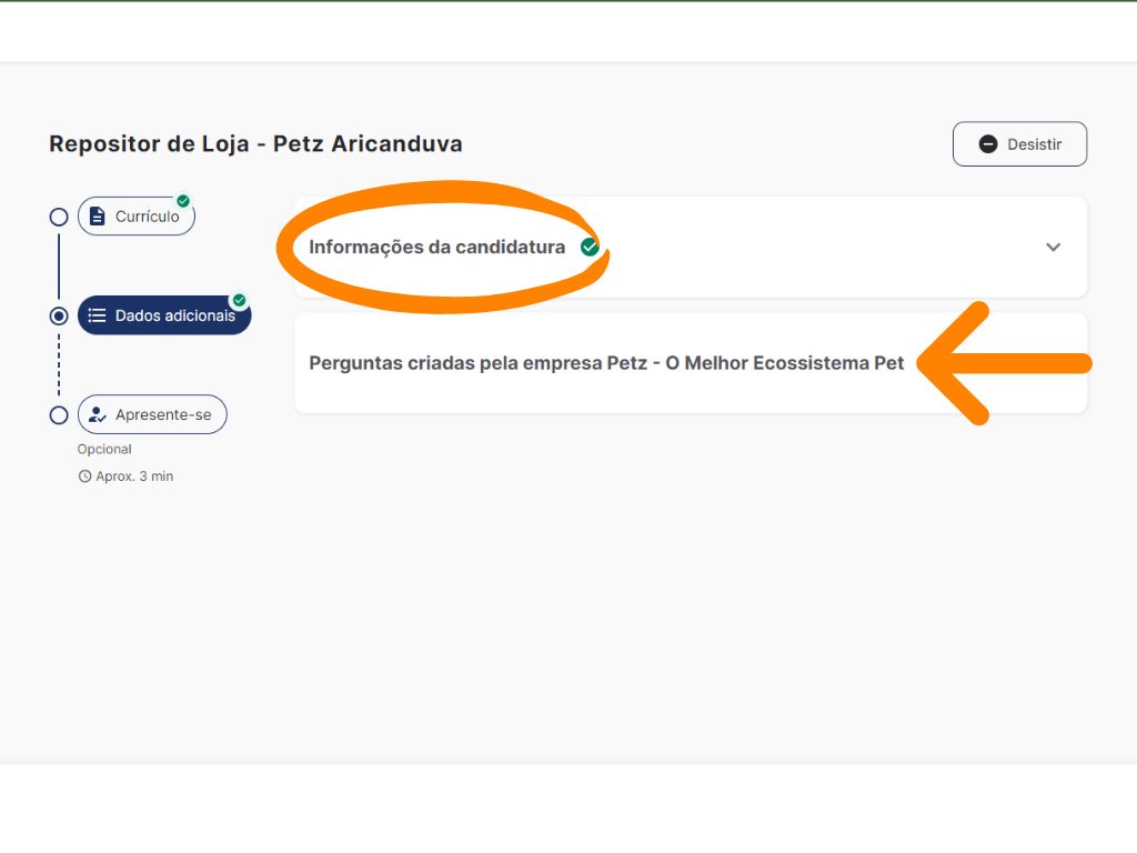 MP - Primeiro Emprego Petz Repositor de Loja: terceira imagem do tutorial de inscrição da vaga